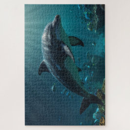 Teal Blue Underwater Dolphin Scene I Pussel