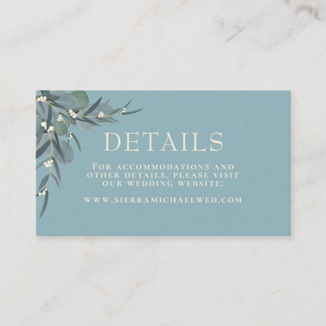 Teal Blue | Uppgifter om botaniskt Bröllop i Eucal Tilläggskort (Framsida)