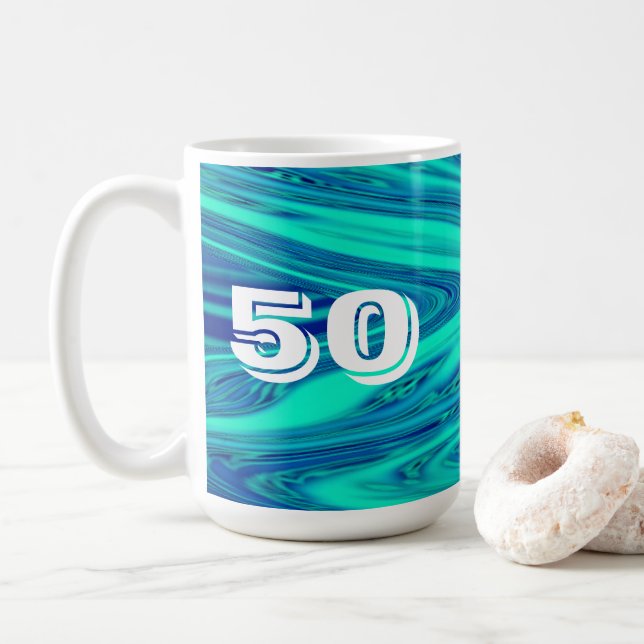Teal Blue Vågar Abstrakt 50 Birthday Anpassningsba Kaffemugg (Med munk)
