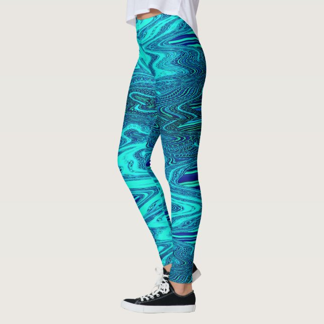 Teal Blue Vågar Abstrakt Modern Art Cute Leggings (Vänster)