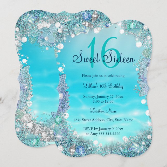 Teal Blue Vatten Ocean Pearls Sweet 16 Party Inbjudningar (Fram/baksida)