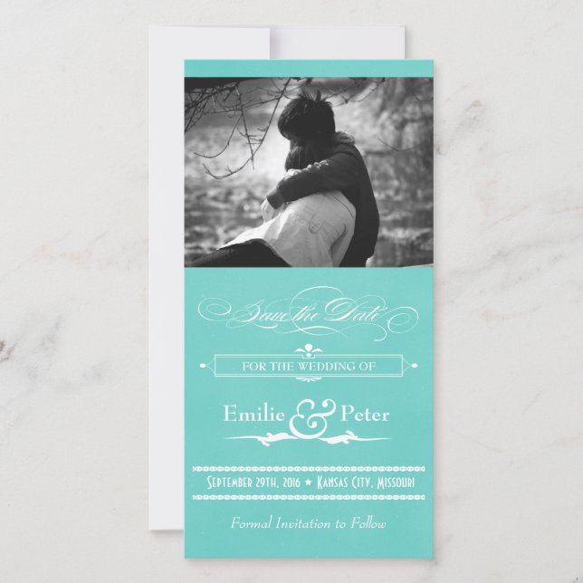 Teal Blue Vintage affisch Stil Spara datum Datumet (Framsida)