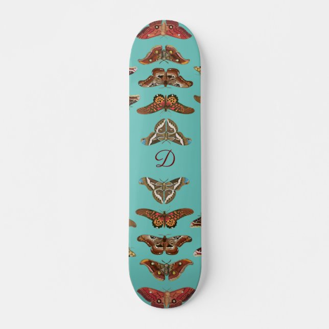 Teal Blue Vintage Butterflies Monogram Skateboard (Framsida)