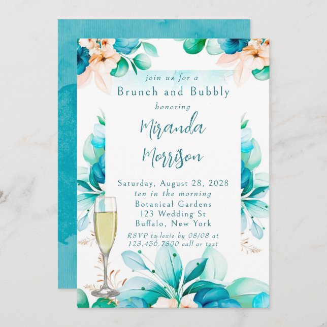 Teal Blue Watercolor Blommigt Brunch och Bubly Inv Inbjudningar (Fram/baksida)