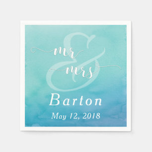 Teal & Blue Watercolor Bröllop, Mr & Typography Pappersservett