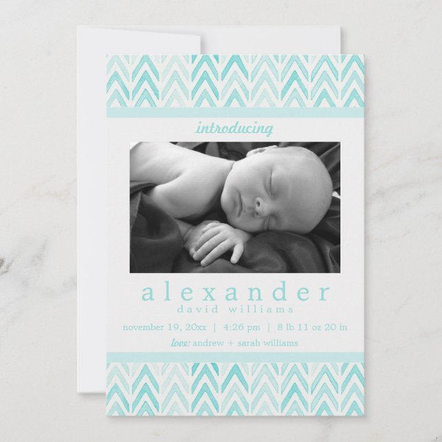 Teal/Blue Watercolor Chevron Mönster Baby Birth (Framsida)