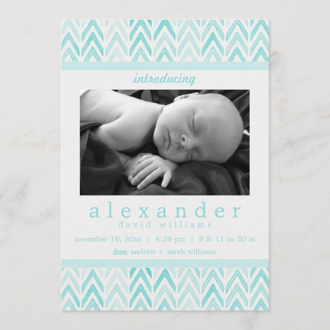 Teal/Blue Watercolor Chevron Mönster Baby Birth (Framsida)