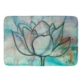 Teal Blue Watercolor Flower Elegant Artsy Lotus Badrumsmatta