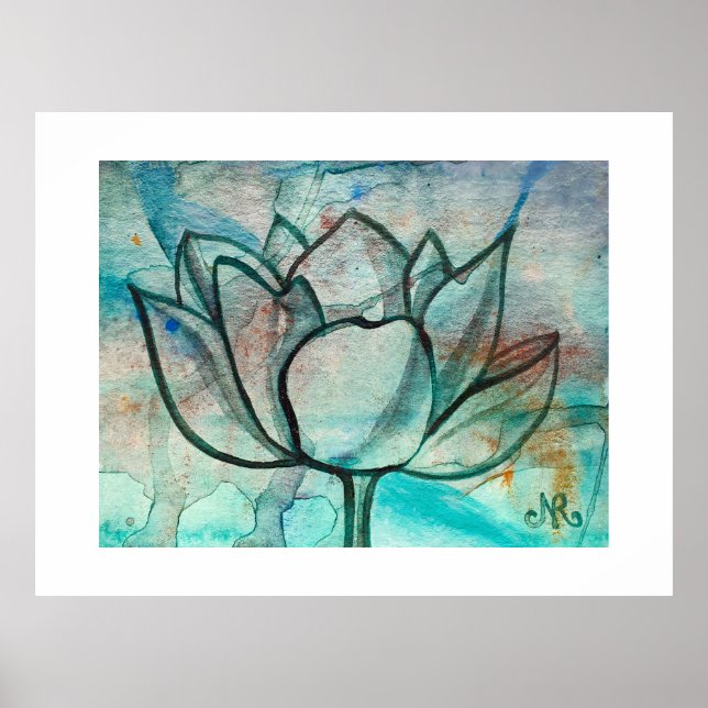 Teal Blue Watercolor Flower Elegant Artsy Lotus Poster (Framsidan)