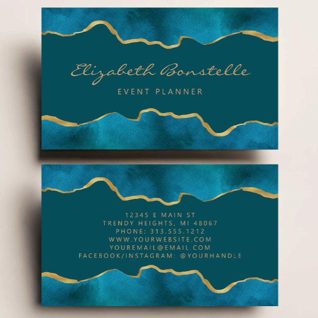 Teal Blue Watercolor Gold Foil Luxury Visitkort (Skapare uppladdad)