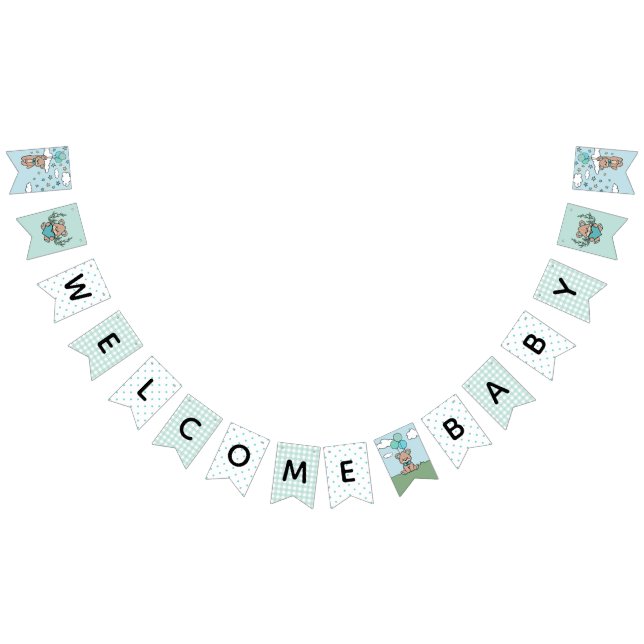 Teal Blue Welcome Baby Bear Boy Baby Shower Vimplar (Alla)