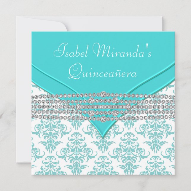 Teal Blue White Damask Diamond Quinceanera Inbjudningar (Framsida)