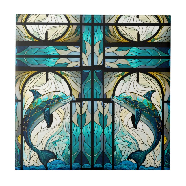 Teal Blue White Dolphin Faux Mosaic Stached Glass Kakelplatta (Framsidan)