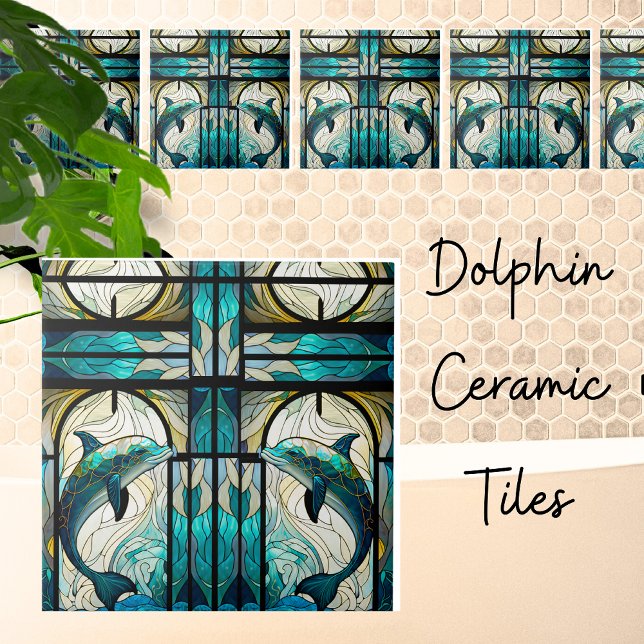 Teal Blue White Dolphin Faux Mosaic Stached Glass Kakelplatta (Skapare uppladdad)