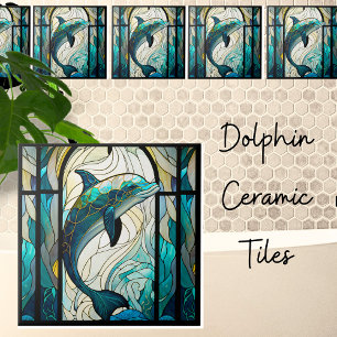Teal Blue White Dolphin Faux Mosaic Stached Glass Kakelplatta