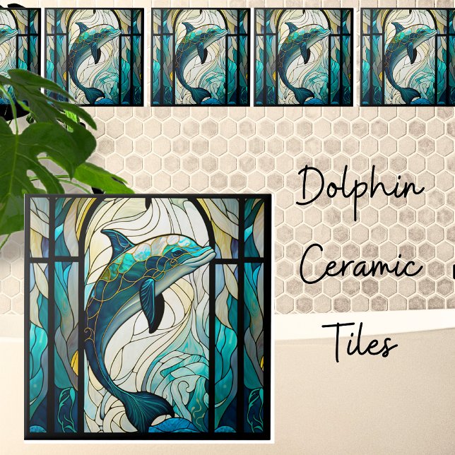 Teal Blue White Dolphin Faux Mosaic Stached Glass Kakelplatta (Skapare uppladdad)