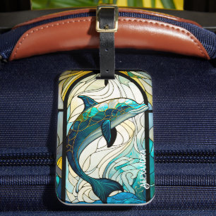 Teal Blue White Dolphin look of Stached Glass Bagagebricka