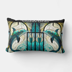 Teal Blue White Dolphin look of Stached Glass Lumbarkudde