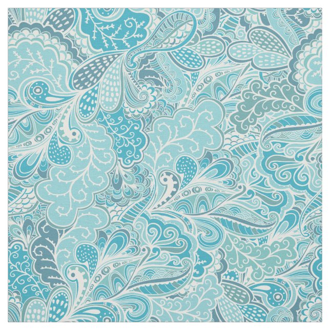 Teal Blue White Elegant Paisley Mönster Tyg (Provkarta)