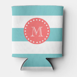 Teal Blue White Rand Mönster, Coral Monogram