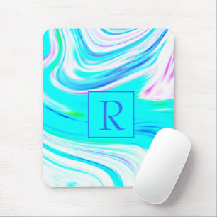 Teal Blue White Rosa Vågar Abstrakt Monogram Musmatta