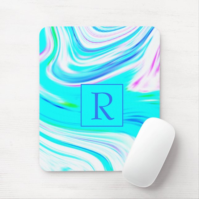 Teal Blue White Rosa Vågar Abstrakt Monogram Musmatta (Med mus)