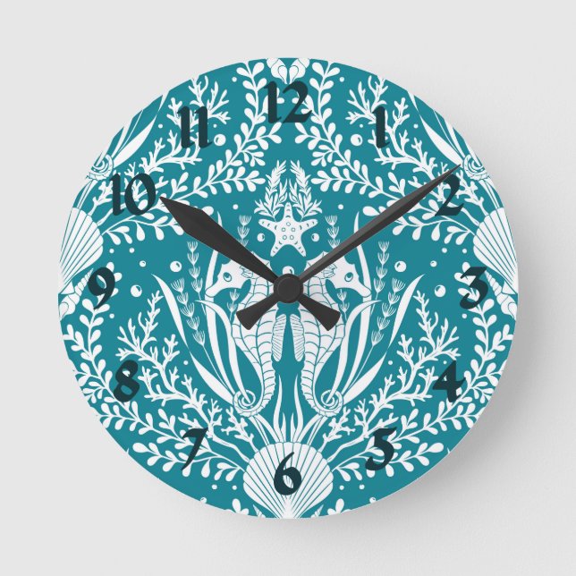 Teal Blue White Seahorse Ocean Sea Life Coastal Rund Klocka (Framsida)