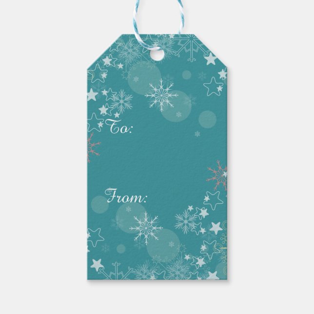 Teal Blue White Snöflingor Gift Märkres Presentetikett (Framsidan)