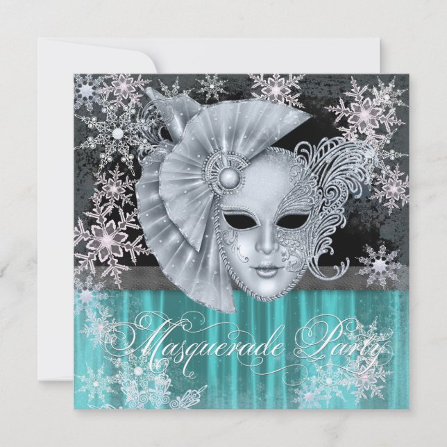 Teal Blue Winter Wonderland Masquerad Party Inbjudningar (Framsida)