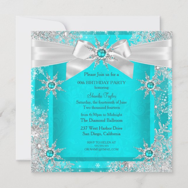 Teal Blue Winter Wonderland Snowflake Silver Bow 2 Inbjudningar (Framsida)