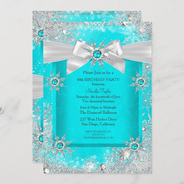 Teal Blue Winter Wonderland Snowflake Silver Bow 2 Inbjudningar (Fram/baksida)