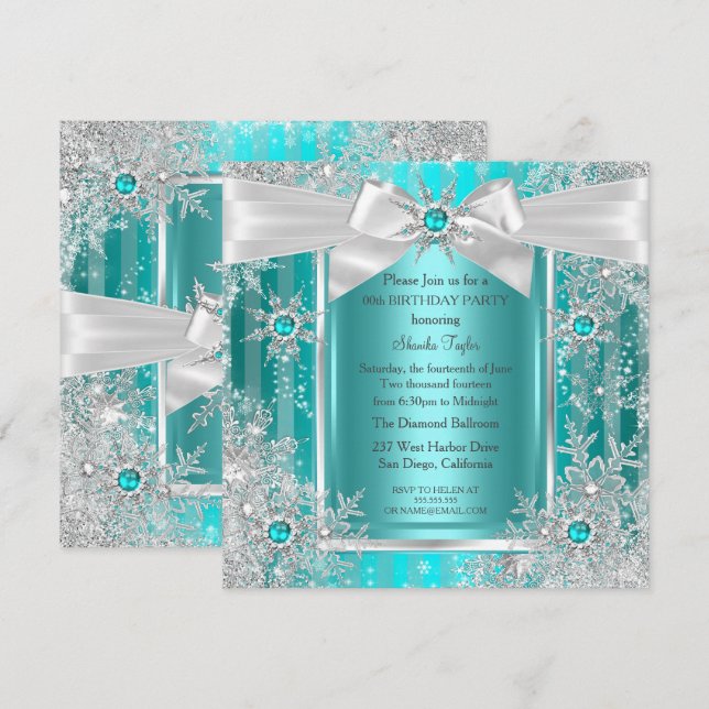 Teal Blue Winter Wonderland Snowflake Silver Bow Inbjudningar (Fram/baksida)