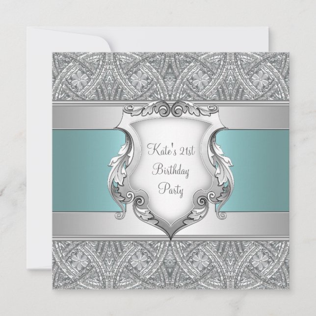 Teal Blue Womans 21:a födelsedag Party Inbjudningar (Framsida)