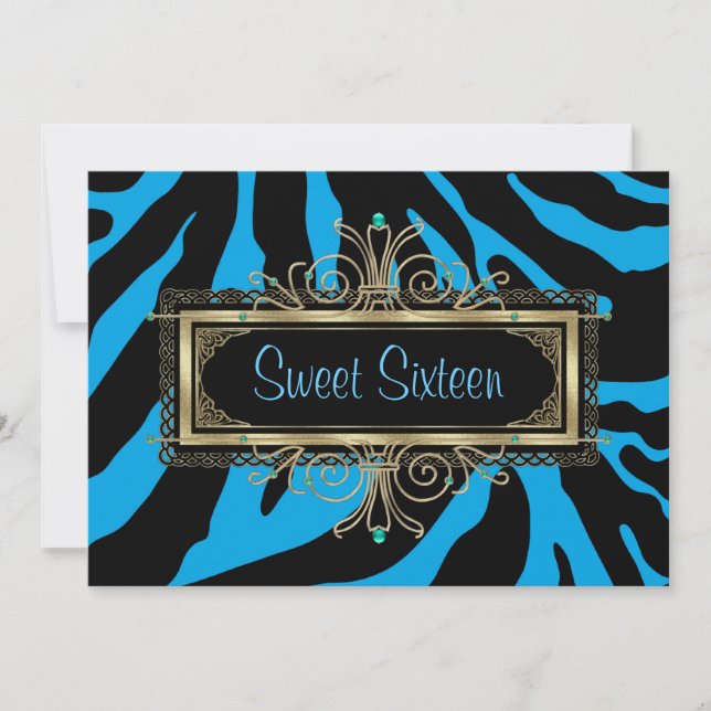 Teal Blue Zebra Black Guld Sweet sixteen Birthday Inbjudningar (Framsida)