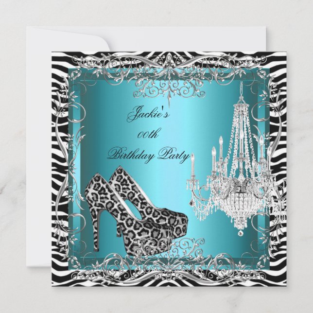 Teal Blue Zebra Leopard Skriv ut Party Shoes Inbjudningar (Framsida)