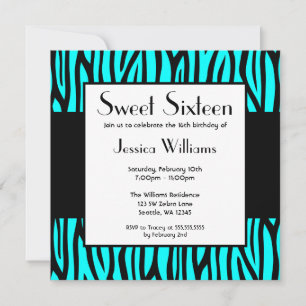 Teal Blue Zebra Modern Sweet 16 Födelsedagsfester Inbjudningar