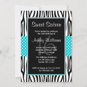 Teal Blue Zebra Polka Dot Sweet 16 Inbjudningar