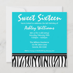 Teal Blue Zebra Sweet 16 inbjudningar