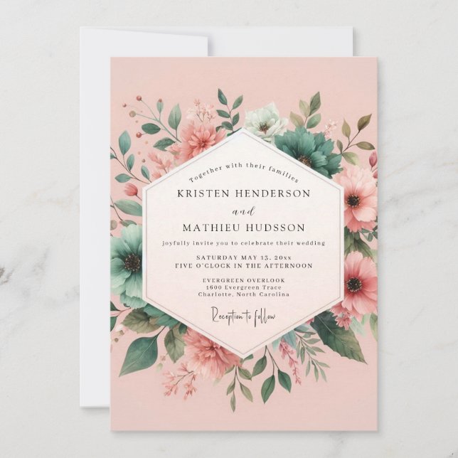 Teal Blush Aquarell Bröllop Inbjudningar (Framsida)