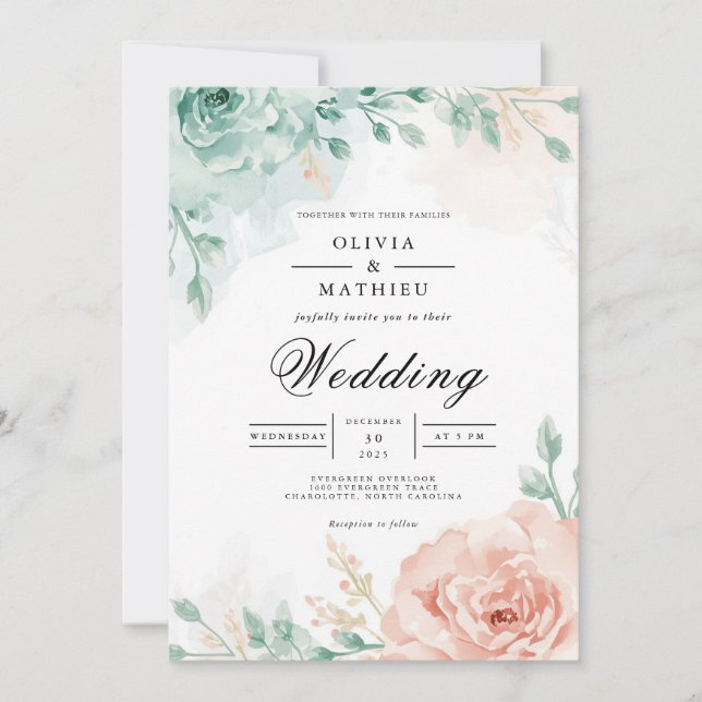 Teal & Blush Blommig Valvbrollop Inbjudningar (Framsida)
