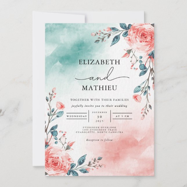 Teal Blush Floral Romance Wedding Inbjudningar (Framsida)