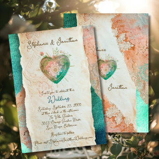 Teal Blush Lace Heart Baroque Romance Wedding Inbjudningar
