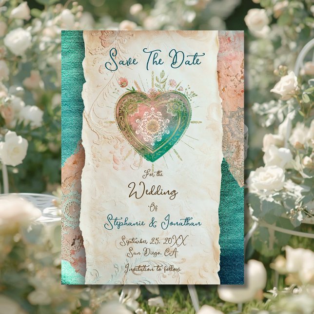 Teal Blush Lace Heart Baroque Save the Date (Skapare uppladdad)