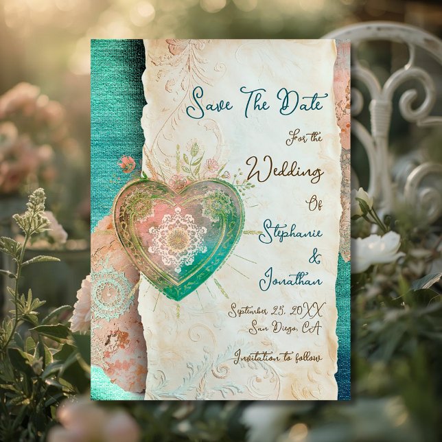 Teal Blush Lace Heart Rococo Wedding Save the Date (Skapare uppladdad)