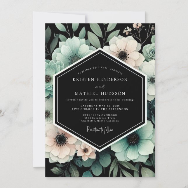 Teal & Blush Moody Floral Wedding Inbjudningar (Framsida)