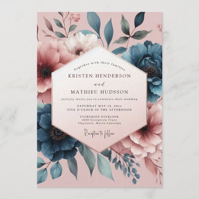 Teal Blush Painterly Bloom Bröllop Inbjudningar (Framsida)
