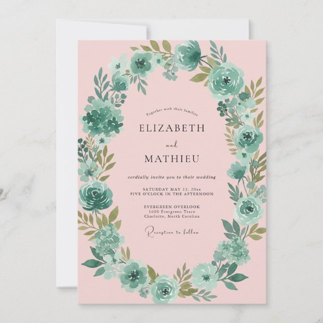 Teal Blush Petal Bröllop Inbjudningar (Framsida)