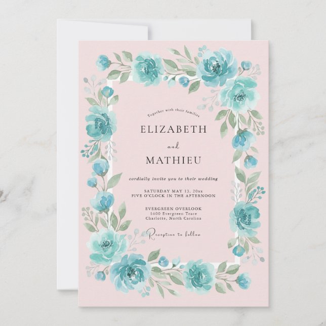 Teal Blush Romantiskt Blommig Bröllop Inbjudningar (Framsida)