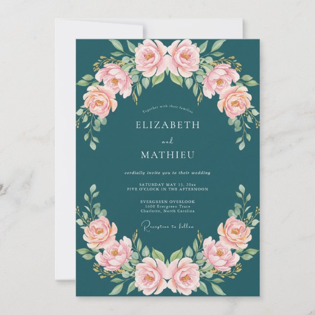 Teal Blush Rose Bröllop Inbjudningar (Framsida)