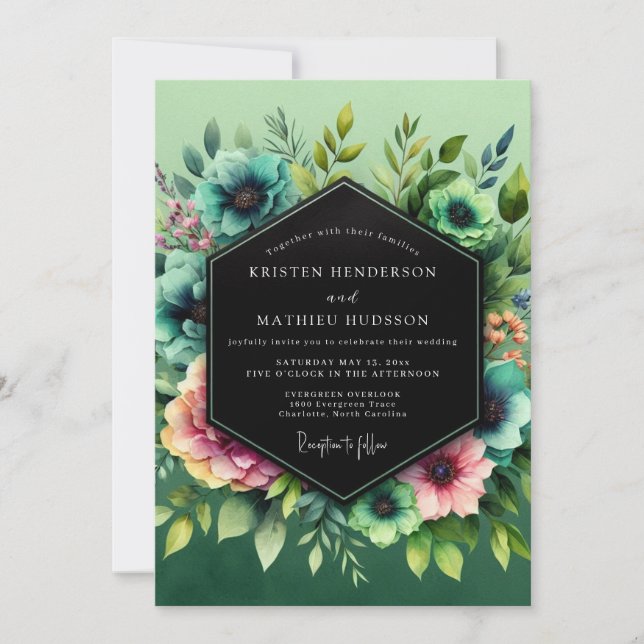 Teal Blush Vibrant Flora Wedding Inbjudningar (Framsida)